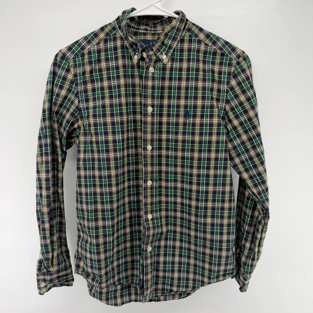 Ralph Lauren Boys Green Navy Plaid Button Down Shirt Natural Stretch Large 14-16